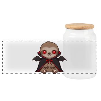 Cute Halloween Sloth Vampire Cartoon Design - Panoramic Cookie Jar with Wooden Lid - white - Front