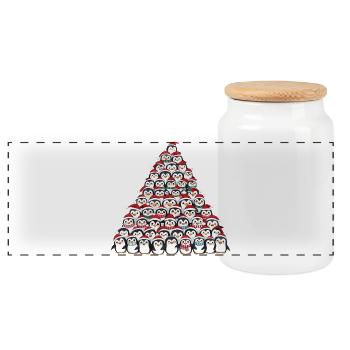 Whimsical Christmas Penguin with Christmas Tree Cartoon - Panoramic Cookie Jar with Wooden Lid - white - Front