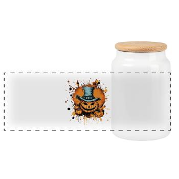 Pumpkin face in top hat - Panoramic Cookie Jar with Wooden Lid - white - Front