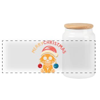 Chat de Noël mignon avec chapeau et boules de Noël - Boîte à biscuits avec couvercle en bois - blanc - Devant