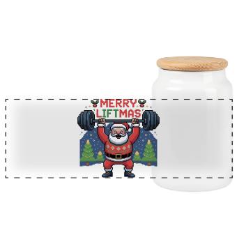 Pixel Santa hebt Gewichte - Panorama Keksdose mit Holzdeckel - Weiß - Vorne