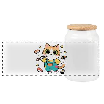 Chat Sushi Coloré en Salopette - Boîte à biscuits avec couvercle en bois - blanc - Devant