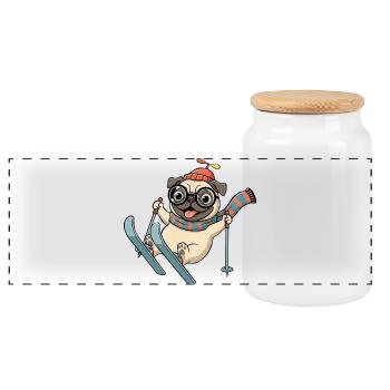 Drôle de carlin skiant avec écharpe et chapeau - Boîte à biscuits avec couvercle en bois - blanc - Devant