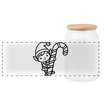 Cute Christmas Elf with Candy Cane - Panoramic Cookie Jar with Wooden Lid - white - Front