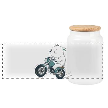 Vintage Motorrad Teddybär - Panorama Keksdose mit Holzdeckel - Weiß - Vorne