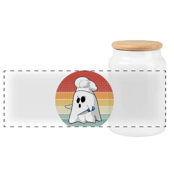 Retro Ghost Chef Kostüm für gruseligen Halloween-Spaß - Panorama Keksdose mit Holzdeckel - Weiß - Vorne