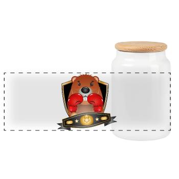 Boxender Biber – Lustiges Boxer Motiv - Panorama Keksdose mit Holzdeckel - Weiß - Vorne