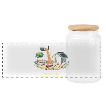 Press E to Feed | Farm Gamer - Panoramic Cookie Jar with Wooden Lid - white - Front