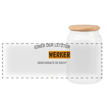 Einer der letzten Handwerker und kein Ersatz  - Panorama Keksdose mit Holzdeckel - Weiß - Vorne