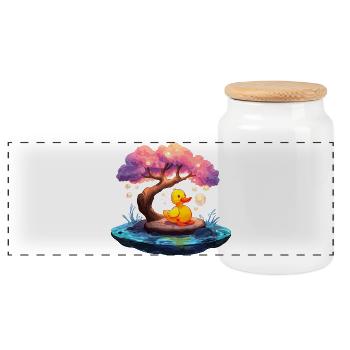 Duck on rosy tree island - Panoramic Cookie Jar with Wooden Lid - white - Front