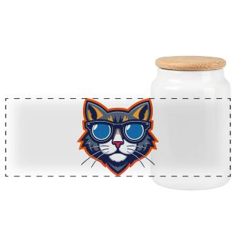 Katze mit Sonnenbrille Maskottchen - Panorama Keksdose mit Holzdeckel - Weiß - Vorne