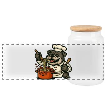 Bulldogge Koch Kochen Pasta Glücklich Cartoon Design - Panorama Keksdose mit Holzdeckel - Weiß - Vorne