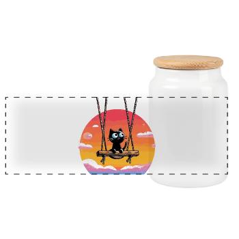 Chat sur balançoire au coucher du soleil - Boîte à biscuits avec couvercle en bois - blanc - Devant