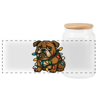 Bulldogge verwickelt in Weihnachtslichtern süße Karikatur - Panorama Keksdose mit Holzdeckel - Weiß - Vorne