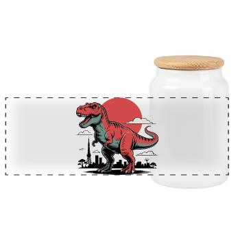Stadt Skyline Mit T-Rex und Sonne im Hintergrund - Panorama Keksdose mit Holzdeckel - Weiß - Vorne