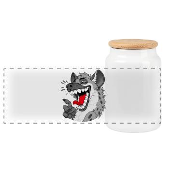 Laughing Hyena Cartoon - Panoramic Cookie Jar with Wooden Lid - white - Front