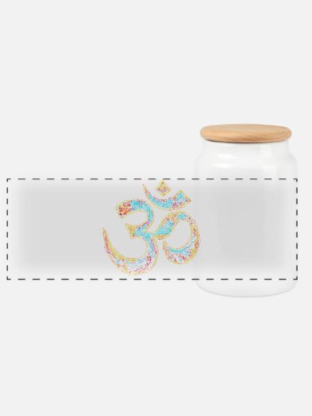 Om Symbol – Buntes Spirituelles Kunstdesign - Panorama Keksdose mit Holzdeckel - Weiß