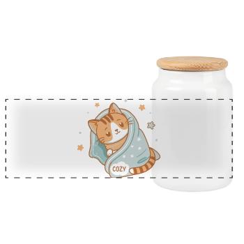 Gemütliche Katze unter Sternendecke Gemütlich - Panorama Keksdose mit Holzdeckel - Weiß - Vorne