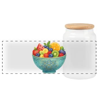 Watercolor Fruit in Mandala Fruit Bowl Healthy Fruits - Panoramic Cookie Jar with Wooden Lid - white - Front
