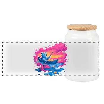 Neon bear in pink sunset canoe - Panoramic Cookie Jar with Wooden Lid - white - Front