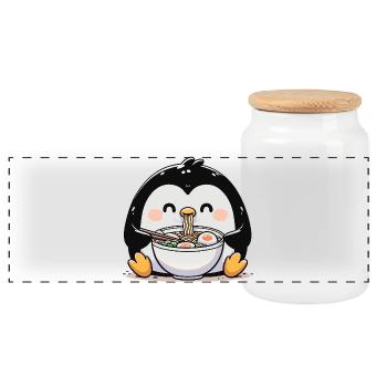 Pingouin aux nouilles, ramen, kawaii manchot - Boîte à biscuits avec couvercle en bois - blanc - Devant