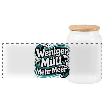Less Waste More Sea Saying Environment Marine Conservation - Panoramic Cookie Jar with Wooden Lid - white - Front