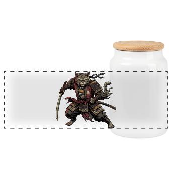 Cat Samurai Warrior - Panoramic Cookie Jar with Wooden Lid - white - Front