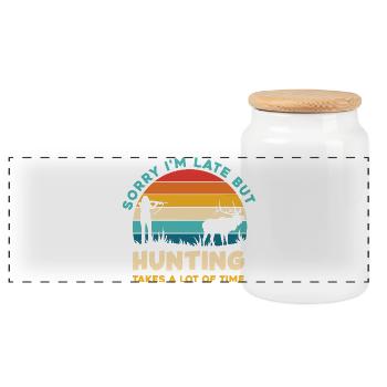 Sorry I'm Late Hunting Retro Sunset - Panoramic Cookie Jar with Wooden Lid - white - Front