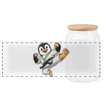 Cool Penguin Karate Kick Black Belt Martial Arts - Panoramic Cookie Jar with Wooden Lid - white - Front