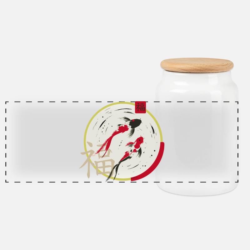 Koi Zen Moon Circle Prosperity - Panoramic Cookie Jar with Wooden Lid - white