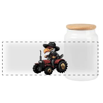 Harpy Bird Tractor Farmer - Panoramic Cookie Jar with Wooden Lid - white - Front