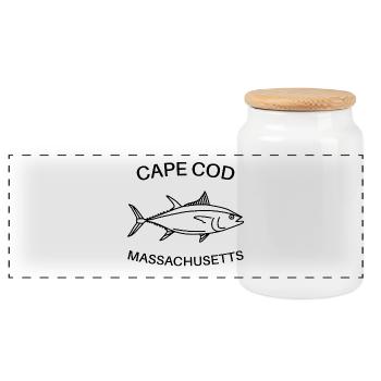 Cape Cod - Massachusetts USA - Fishing - Tuna - Panoramic Cookie Jar with Wooden Lid - white - Front