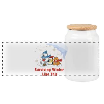 Winter Chill Crew: Cozy & Tired - Panoramic Cookie Jar with Wooden Lid - white - Front