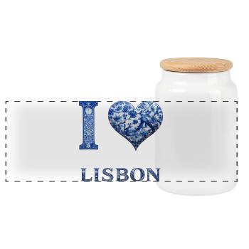 Lisbon – Architecture in Blue - Panoramic Cookie Jar with Wooden Lid - white - Front