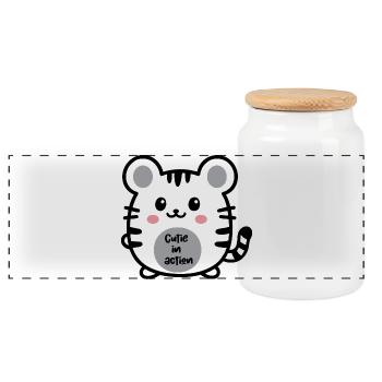 Kawaii Tiger Cutie in Action - Panoramic Cookie Jar with Wooden Lid - white - Front