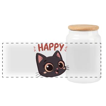 Happy Black Cat Cartoon - Panorama Keksdose mit Holzdeckel - Weiß - Vorne