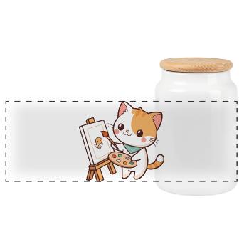 Artist Cat and Little Chick - Panoramic Cookie Jar with Wooden Lid - white - Front