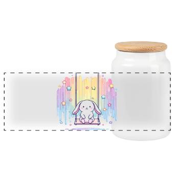 Lapin pastel sur un arc-en-ciel de balançoire - Boîte à biscuits avec couvercle en bois - blanc - Devant