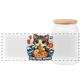 Kawaii Cat Ramen Noodles Anime Cat - Panoramic Cookie Jar with Wooden Lid - white - Front