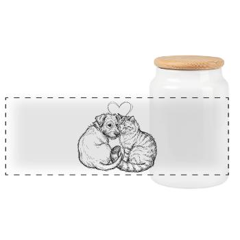 Cute Friends (Cat + Dog) - Panoramic Cookie Jar with Wooden Lid - white - Front