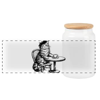 Katze mit Baskenmütze im Café Retro Design - Panorama Keksdose mit Holzdeckel - Weiß - Vorne
