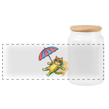 Colorful beach cat with parasol - Panoramic Cookie Jar with Wooden Lid - white - Front