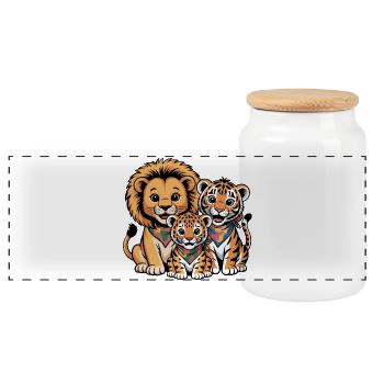 Cute Lion Tiger Leopard Friends - Panoramic Cookie Jar with Wooden Lid - white - Front