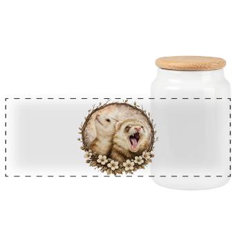 Ferrets in the Circle of Flowers - Panoramic Cookie Jar with Wooden Lid - white - Front