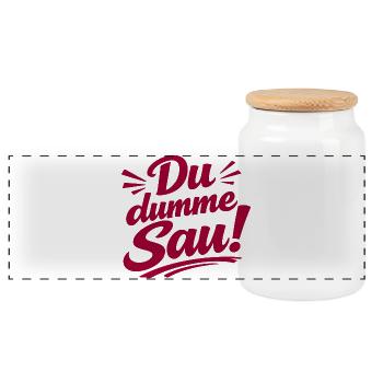 Du dumme Sau! Aufdruck - Panorama Keksdose mit Holzdeckel - Weiß - Vorne
