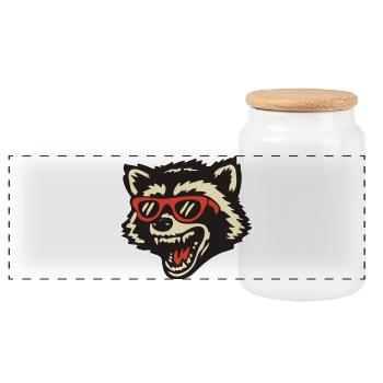 raccoon with red sunglasses cartoon - Panoramic Cookie Jar with Wooden Lid - white - Front