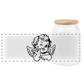 Love You Cherub – Angel with ILY Hand Sign - Panoramic Cookie Jar with Wooden Lid - white - Front