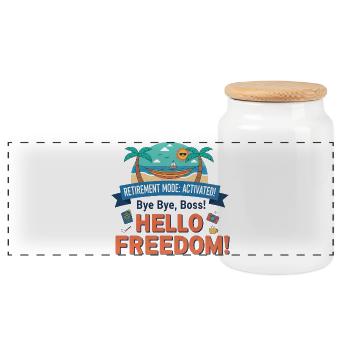 Rente: Retirement Mode Activated – Hello Freedom - Panorama Keksdose mit Holzdeckel - Weiß - Vorne