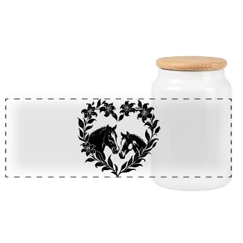 Horses Heart Flowers Silhouette Love Design Art - Panoramic Cookie Jar with Wooden Lid - white - Front