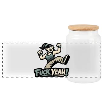 Motivierte Frau / Mädchen "Fuck Yeah" - Panorama Keksdose mit Holzdeckel - Weiß - Vorne